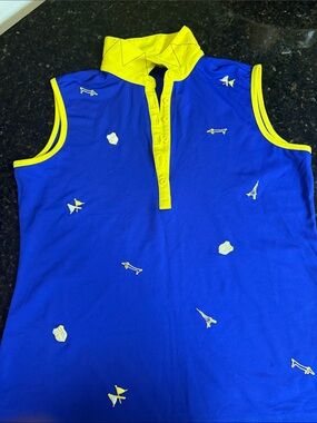 Tennis Louis Castel Sleeveless Polo Top in Bright Blue with Yellow Trim